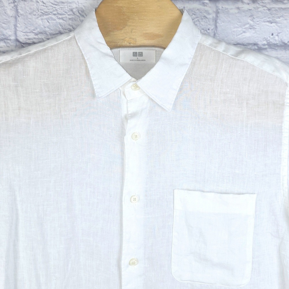 NWOT Uniqlo Button Down Shirt White Mens 100% Linen Long Sleeve Size Large